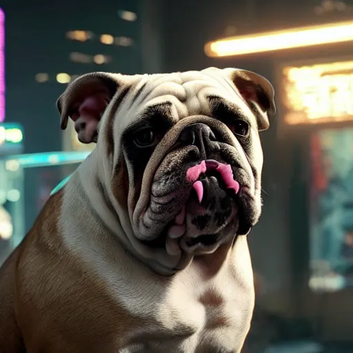 Prompt: english bulldog with augmentations cyberpunk 2 0 7 7