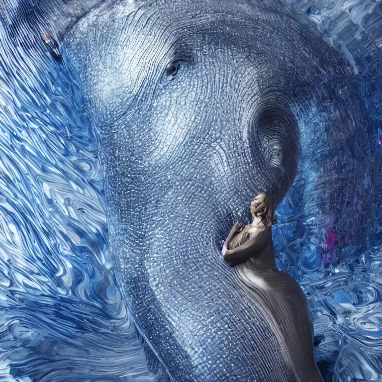 Image similar to octane render portrait by wayne barlow and carlo crivelli and glenn fabry, a giant crystal statue of a blue whale emerging from a hypnotic swirling whirplool of different colored liquid metal, cinema 4 d, ray traced lighting, very short depth of field, bokeh