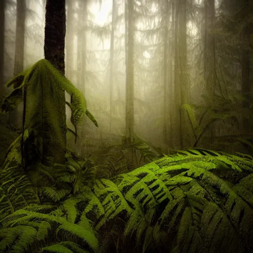 Image similar to pacific northwest rain forest, green, brown, realistic, monster hidden in background, photograph, twilight, fog