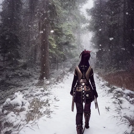 Prompt: a girl with steampunk armour and weapons walking through a foggy forest, studio ghibli, extremely detailed, ominous, snowy, snowing, dead trees, anime,