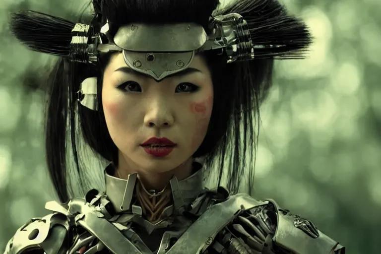 Image similar to vfx movie scene closeup nomad cyborg warrior geisha in a smoldering forest. by emmanuel lubezki