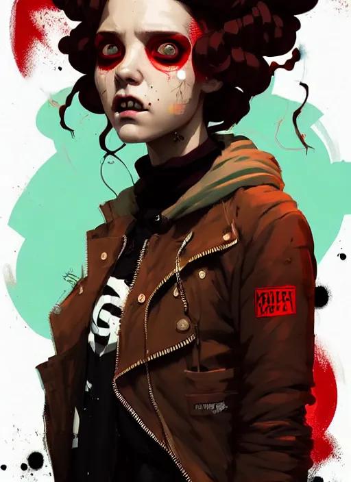 Image similar to highly detailed portrait of a sewer punk lady, tartan hoody, ringlet hair by atey ghailan, by greg rutkowski, by greg tocchini, by james gilleard, by joe fenton, by kaethe butcher, gradient red, brown, cream and white color scheme, grunge aesthetic!!! ( ( graffiti tag wall background ) )