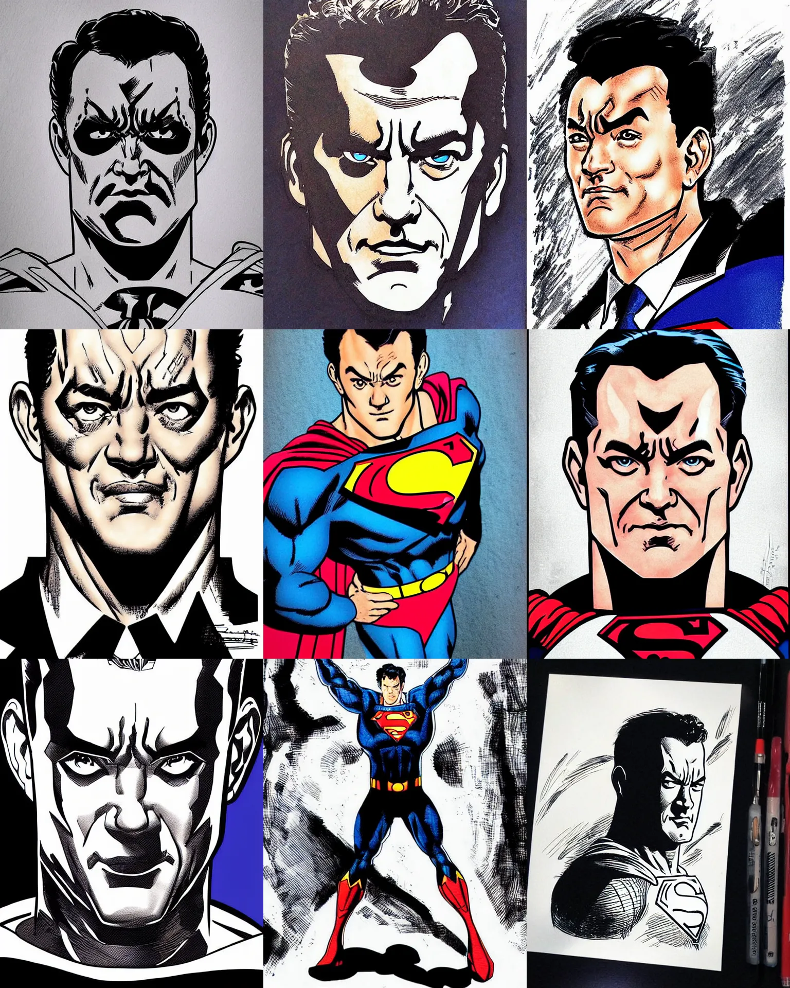 Prompt: tom hanks!!! jim lee!!! flat ink sketch by jim lee face close up headshot superman costume in the style of jim lee, x - men superhero comic book character by jim lee