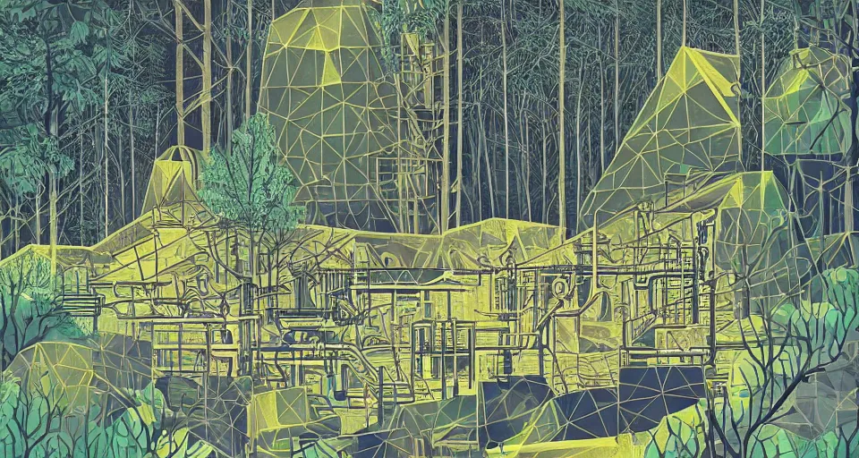 Image similar to geometric art, detailed matte illustration, geometric art by robert h hudson, detailed illustration of large factory in a beautiful forest and undergrowth