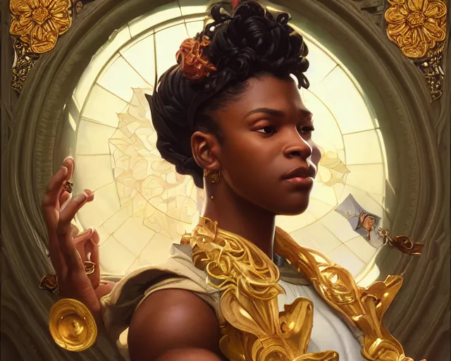 Image similar to photography of kehinde wiley, deep focus, d & d, fantasy, intricate, elegant, highly detailed, digital painting, artstation, concept art, matte, sharp focus, illustration, hearthstone, art by artgerm and greg rutkowski and alphonse mucha