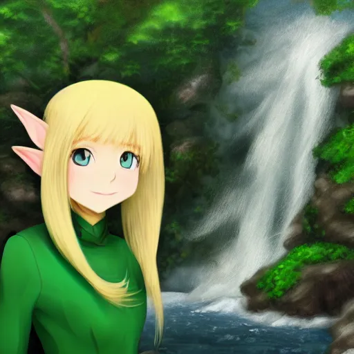 Prompt: beautiful young blonde-haired elf woman tucking her hair behind her ear and wearing a green dress in front of a waterfall, anime art, trending on artstation, super cute, 4k