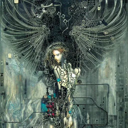 Image similar to winged cyberpunk demon trapped in circuitry, intricate detail, miro, royo, whealan, klimt,