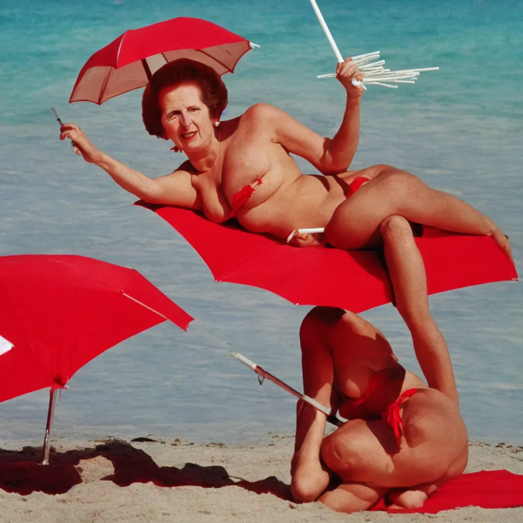 Image similar to margaret thatcher sunbathing, wearing red bikini, on a pristine beach with white sand, under an umbrella made from straws