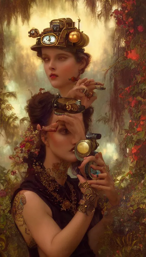 Image similar to hyper realistic photographer taking a picture, magical, gems, jewels, gold, steampunk, cyberpunk, painted by tom bagshaw, mucha, gaston bussiere, craig mullins, j. c. leyendecker 8 k