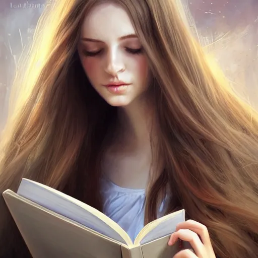 Prompt: a girl reading a book, hair flowing down, 8 k, hyperrealistic, hyperdetailed, fantasy portrait by laura sava