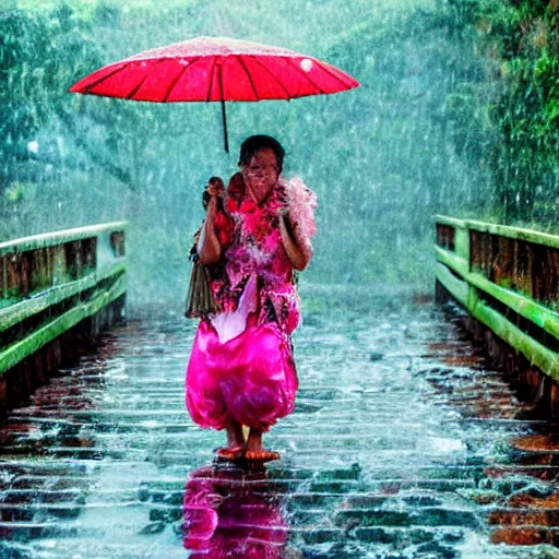 Image similar to monsoon on tropical island, oriental woman, ornate, beautiful, atmosphere, vibe, mist, coconuts, rain, wet, pristine, puddles, melting, dripping, snow, creek, lush, ice, bridge, forest, roses, flowers, by francis bacon