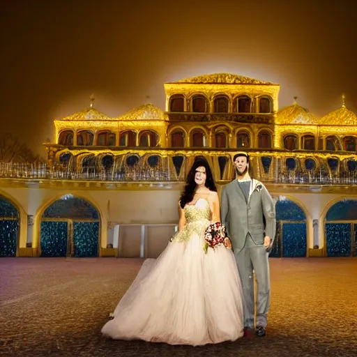 Image similar to A couple getting married in a venue, with a majestic Ottoman palace in the background, at night, well lit sky, close up shot on the couple, luxury, luxurious wedding, Ottoman Empire era, gold, photorealistic, ultra-detailed, 4k high resolution, HDR shot