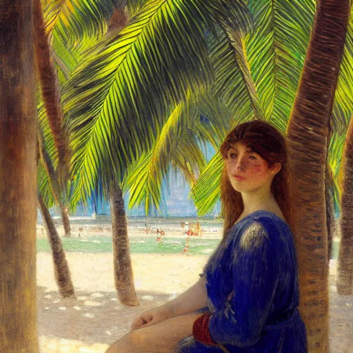 Image similar to a ultradetailed beautiful painting of a girl in the amazonas palace designed by jules bastien - lepage, hans belmer, frank weston and gustave baumann, beach, trending on artstation, mediterranean, palm trees, light sparkles, sharp focus, soft light, 8 k 4 k