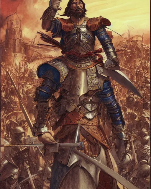 Image similar to portrait of a spanish conquistador in battle, by daniel zrom, masamune shirow, josan gonzales and studio ghibli