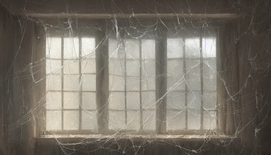 Image similar to painting of a dusty windows covered by cobwebs, hyperdetailed, artstation, cgsociety, 8 k