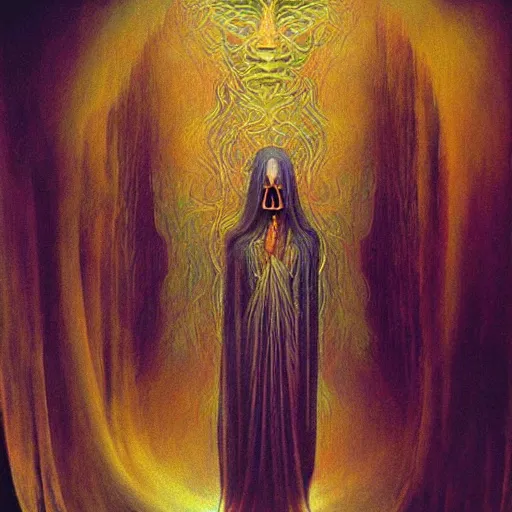 Image similar to dark shrouded woman performing ethereal ritual, expanding energy, epic surrealism oil paint by Ernst Fuchs, Zdzislaw Beksinski, Katsuhuro Otomo highly detailed