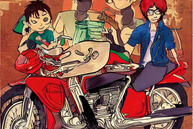 Image similar to italian pizza, akira's motorcycle, gorillaz, poster, kid drawn