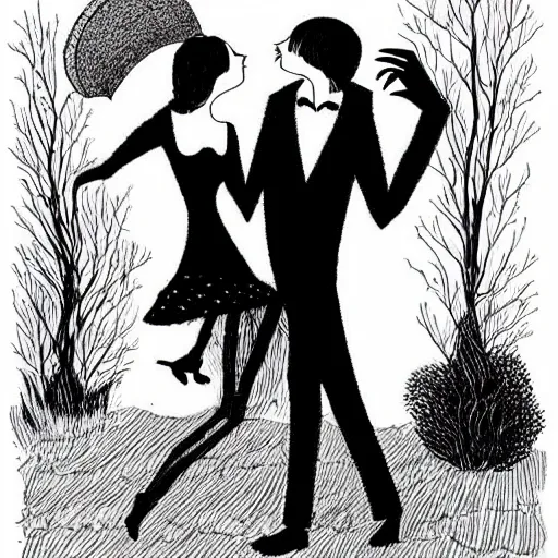 Prompt: “a vampire dancing with her wife, style of Edward Gorey”