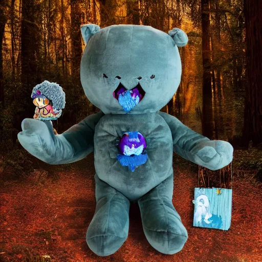 Prompt: demonic blue'snappy gifts'human - sized plush doll, in magical forest, holding gift, dark atmosphere, high detail, soft lighting, 8 k