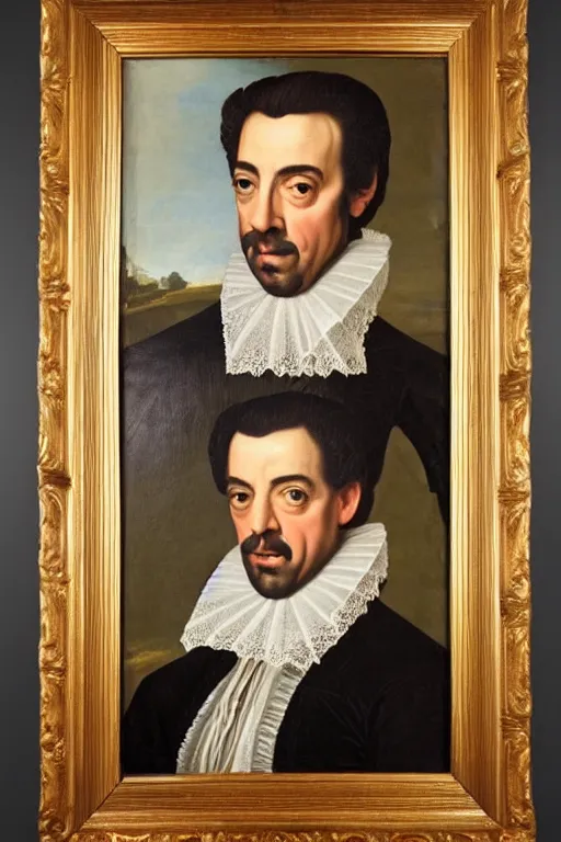 Prompt: a 1 6 0 0 s framed portrait painting of joe mantegna holding a large telephone, intricate, elegant, highly detailed