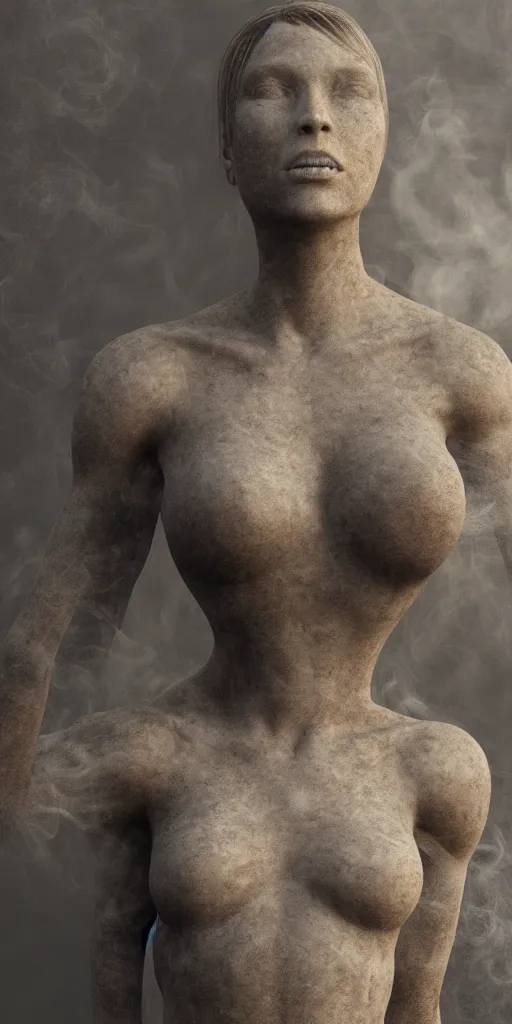 Image similar to a goddess with many arms obscured by whisps of smoke and dust particles, highly detailed, hyperrealism, octane render