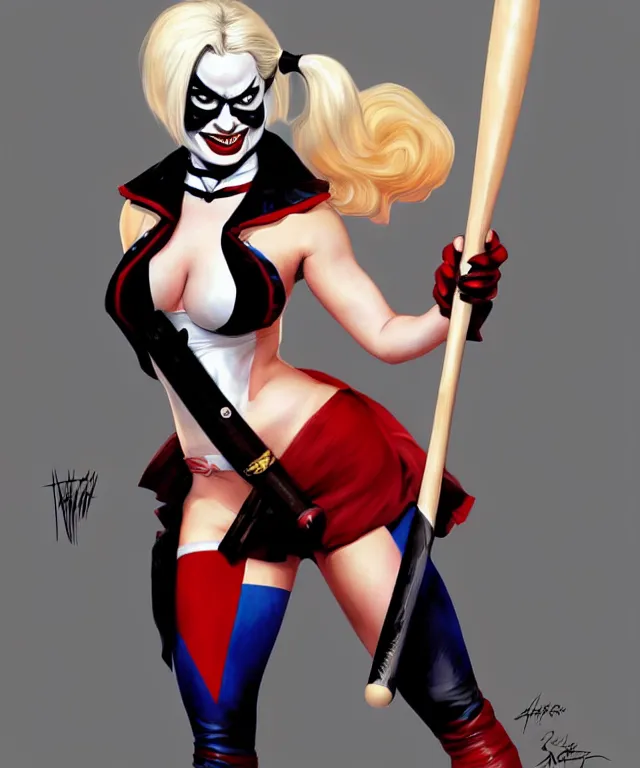 Image similar to Caricature of Margot Robbie as Harley Quinn, fully dressed. Full bodied pose, with baseball bat, highly detailed, digital painting, artstation, concept art, smooth, sharp focus, illustration, art by artgerm and greg rutkowski and alphonse mucha