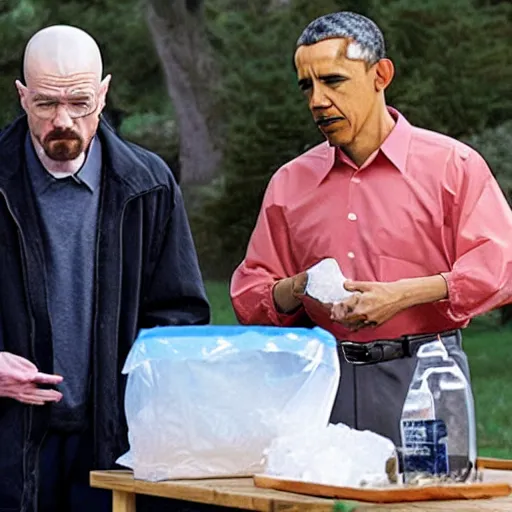 Prompt: Walter White and Obama staring at a ziploc bag full of crystal blue meth