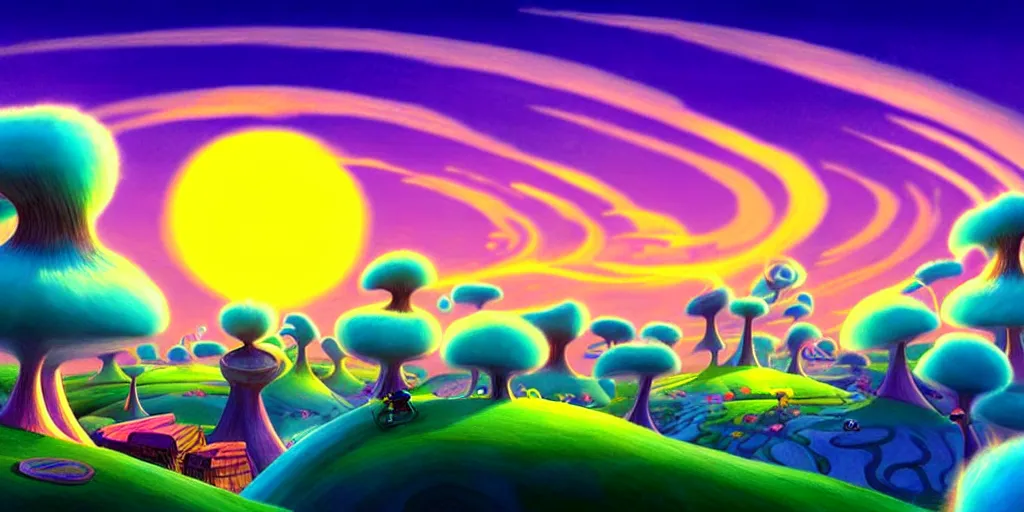 Image similar to cartoon concept art, calm night nightscape, spiral clouds, from lorax movie