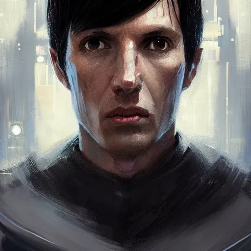 Image similar to portrait of a shocked man by greg rutkowski, he is about 3 0 years old, short black hair with bangs, scared and incredulous, very tall and slender, he is wearing futuristic space gear, highly detailed portrait, digital painting, artstation, concept art, smooth, sharp foccus ilustration, artstation hq