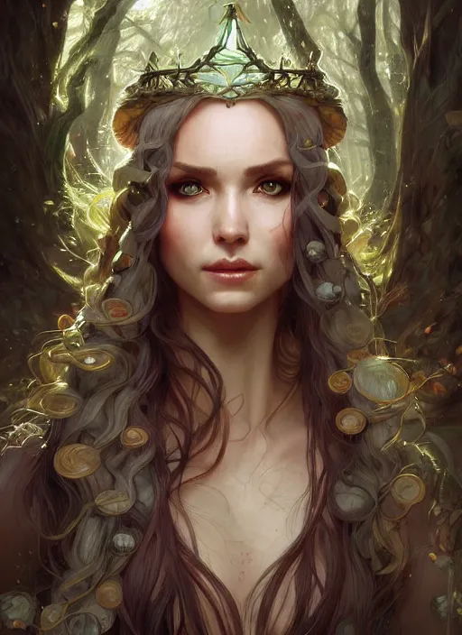 Image similar to portrait of a fantasy elf female sorceress queen with long hair flowing in an ancient forest filled with magic, highly detailed, digital painting, artstation, smooth, sharp focus, illustration, art by artgerm and greg rutkowski and alphonse mucha, fine face