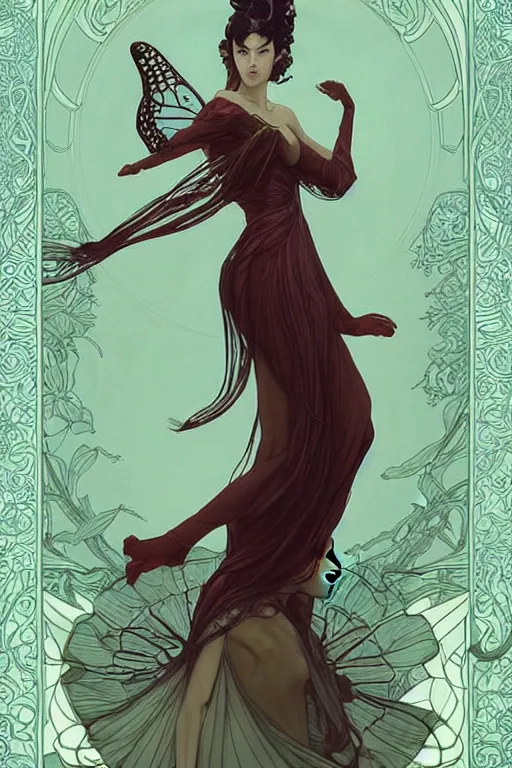 Image similar to full length portrait of a beautiful mysterious chinese fairy, no hands, by eve ventrue, michael carson, andreas rochas, john watkiss, casey weldon, artgerm. art nouveau. tarot card by mucha. gloomhaven. swirly intricate linework background. gaudy colors, sharp edges. octane render