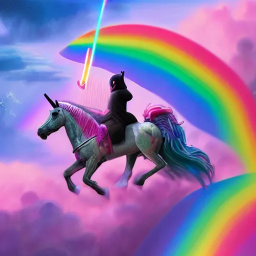 Image similar to beautiful matte painting, rainbow colored pink pink darth vader wearing pink wearing pink, riding a unicorn, riding a unicorn, riding a one-horned unicorn over a glittering rainbow, in psychedelic space, by lisa frank and dan mumford, octane render, HDR, vivid color, volumetric lighting, unreal engine, concept art, CGsociety, trending on artstation