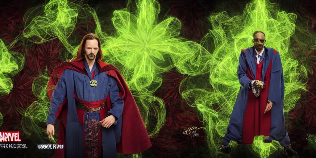 Image similar to snoop dogg doctor strange, marijuana, marijuana leaves, green light, highly detailed, cinematic by francis tneh, marvel cinematic universe, mcu, photo