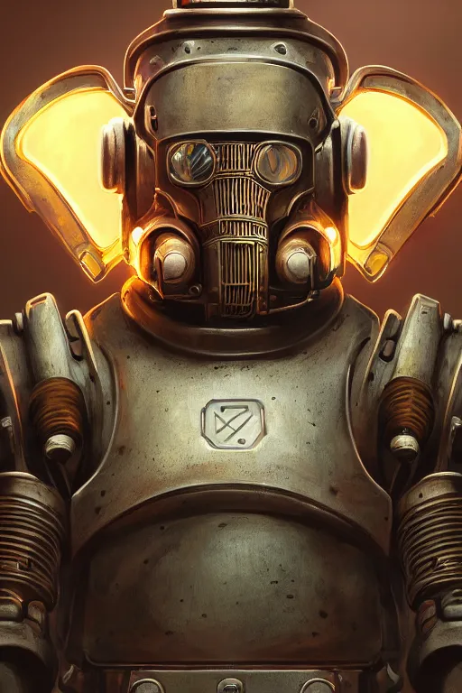 Image similar to hardmesh retro futurist steampunk fallout 7 6 power armor, hyper realistic, art cover, official fanart behance hd artstation by jesper ejsing, by rhads, makoto shinkai, final fantasy, unreal engine highly rendered, global illumination, radiant light, intricate environment radiating a glowing aura global illumination ray tracing hdr