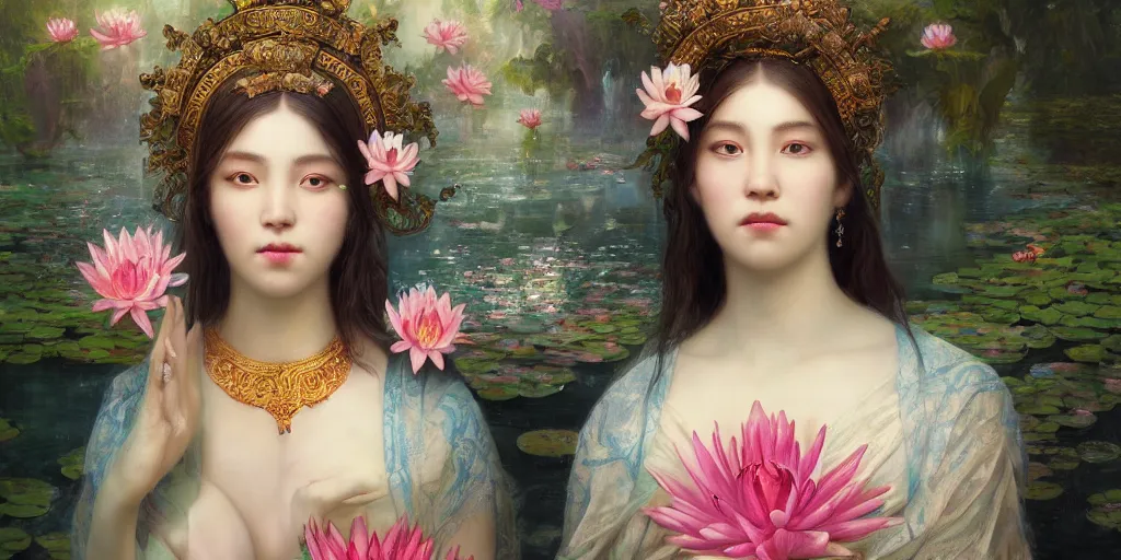 Prompt: breathtaking detailed concept art painting of the goddess of water lily flowers, orthodox saint, with anxious, piercing eyes, ornate background, amalgamation of leaves and flowers, by volegov and Hsiao-Ron Cheng, extremely moody lighting, 8K
