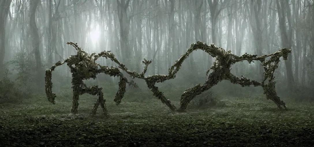 Image similar to a complex organic fractal 3 d metallic symbiotic ceramic humanoid megastructure creature in a swampy lush forest, foggy, cinematic shot, photo still from movie by denis villeneuve