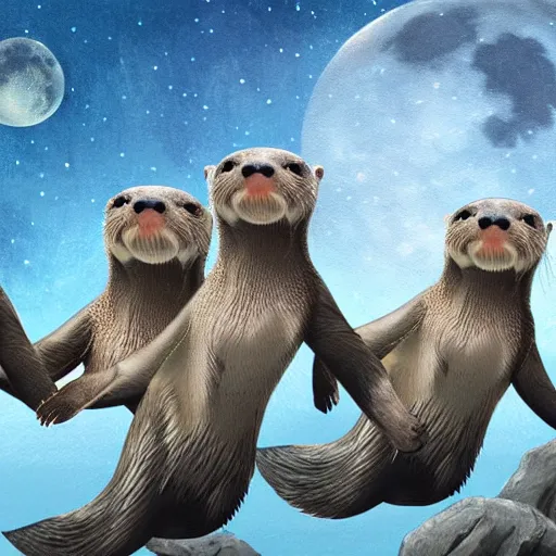 Prompt: a group of otters jumping on the moon, matte painting, concept art, detailed, 4k