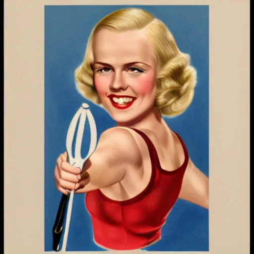 Image similar to a 1 9 3 0 s color portrait. happy, healthy, beautiful, smiling, young, sporty, blonde, blue - eyed woman in decent athletic wear. hyper - realistic detailed drawing