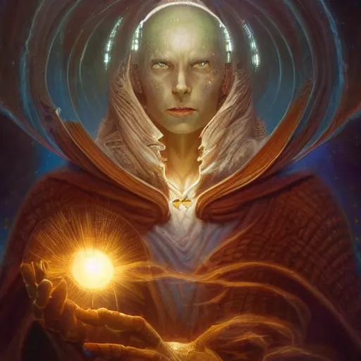 Image similar to the creator of worlds wearing a cloak and holding a holographic planet projection in his hand, detailed, sci - fi, digital painting, artstation, sharp focus, illustration, ominous, artgerm, tomasz alen kopera, peter mohrbacher, donato giancola, joseph christian leyendecker, wlop, frank frazetta