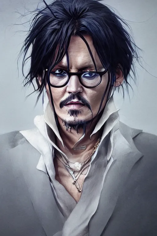 Image similar to Portrait of johnny depp as uryu ishida quincy from anime bleach, dark, intricate, highly detailed, smooth, artstation, digital illustration by Ruan Jia and Mandy Jurgens and Artgerm and Wayne Barlowe and Greg Rutkowski and Zdislav Beksinski