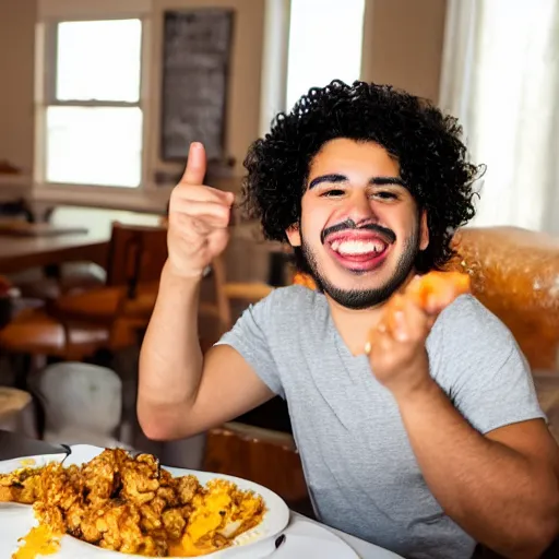 Prompt: short curly haired mixed hispanic 2 0 year old with a huge underbite is excited to feast on chicken, pork, beef, mac and cheese on the table in front of him