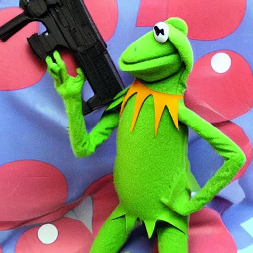 Prompt: Kermit the frog wielding a gun, robbing a muppets bank