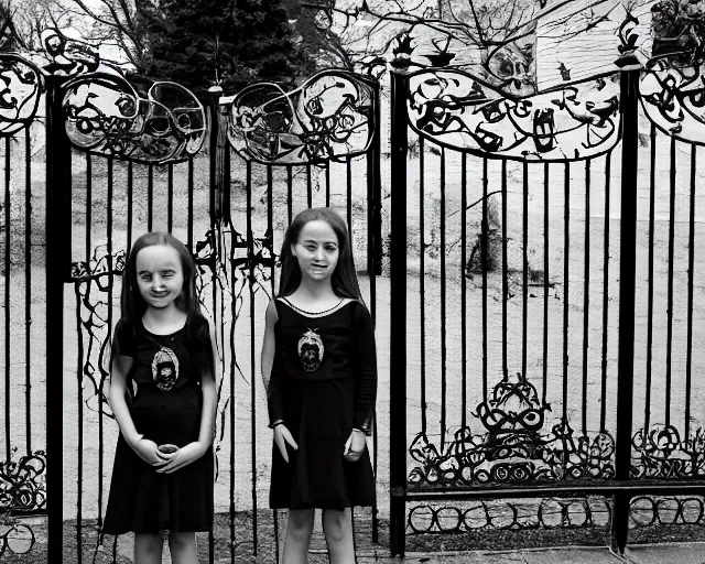 Image similar to black and white photo of Spooky Twin girls standing in front of a Victorian wrought iron gate at sunset