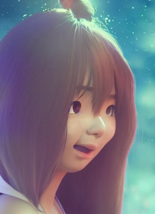 Image similar to a cute asian girl singing, flowing hair in the style of pixar animation, full body shot, viewed from bellow, award winning, hyper detailed, studio lighting, artstation, octane renderer, unreal engine