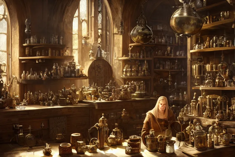 Image similar to Beautiful hyperrealistic detailed award winning photography of an alchemist in its alchemy shop filled with magical artifacts that looks like it's from lord of the rings and bazaar by greg rutkowski, andreas rocha and john howe, and Martin Johnson Heade,featured on artstation, ultrawide angle,f16 , golden ratio, f32, well composed, cohesive