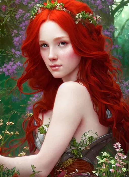 Image similar to a beautiful red haired woman as a fairy princess in a garden, deep focus, d & d, fantasy, intricate, elegant, highly detailed, digital painting, artstation, concept art, matte, sharp focus, illustration, hearthstone, art by artgerm and greg rutkowski and alphonse mucha