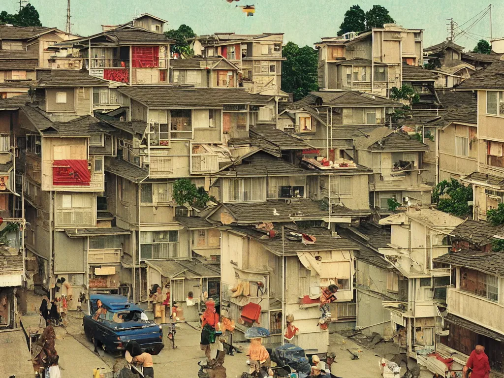 Prompt: Norman Rockwell painting of a suburban Japanese neighborhood on a summer evening with the subtle massive triangular alien mothership floating above, very wide shot, long shot, Wes Anderson