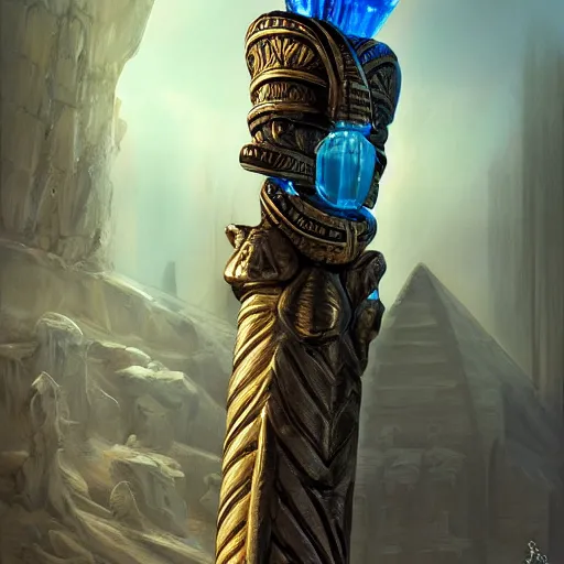 Prompt: fantasy greg rutkowski digital painting of an ornate and royal egyptian old twisted ornate runed wooden staff weapon with a blue crystal on top tip hovering, unreal engine, hyper realism, realistic shading, cinematic composition, blender render, octane render, hdr, detailed textures, photorealistic, 3 5 mm film