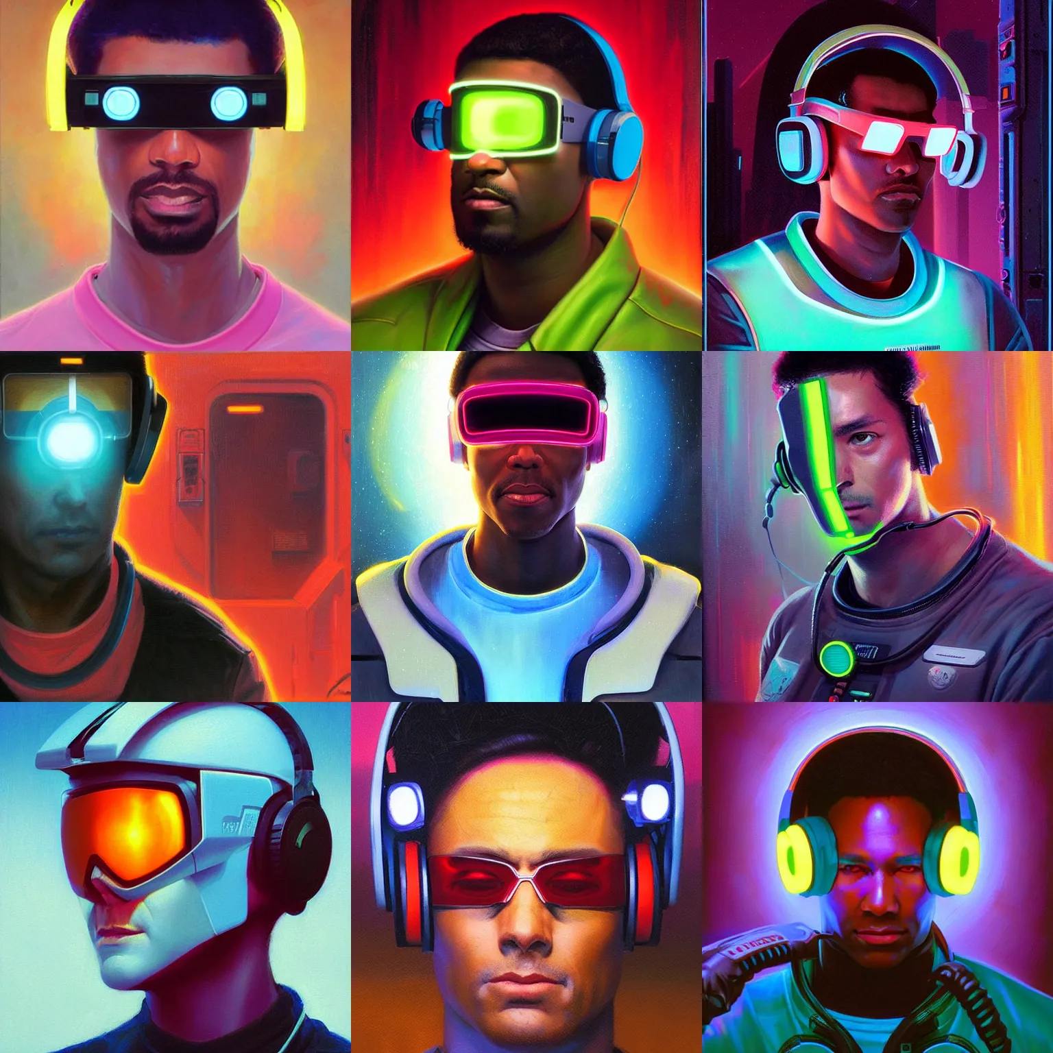 Prompt: neon cyberpunk programmer with glowing geordi visor over eyes and sleek headphones headshot desaturated portrait painting by donato giancola, dean cornwall, rhads, tom whalen, conrad roset astronaut fashion photography