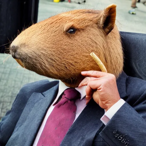 Image similar to smoking cigar, a man wearing a suit capybara head (smoking cigar)